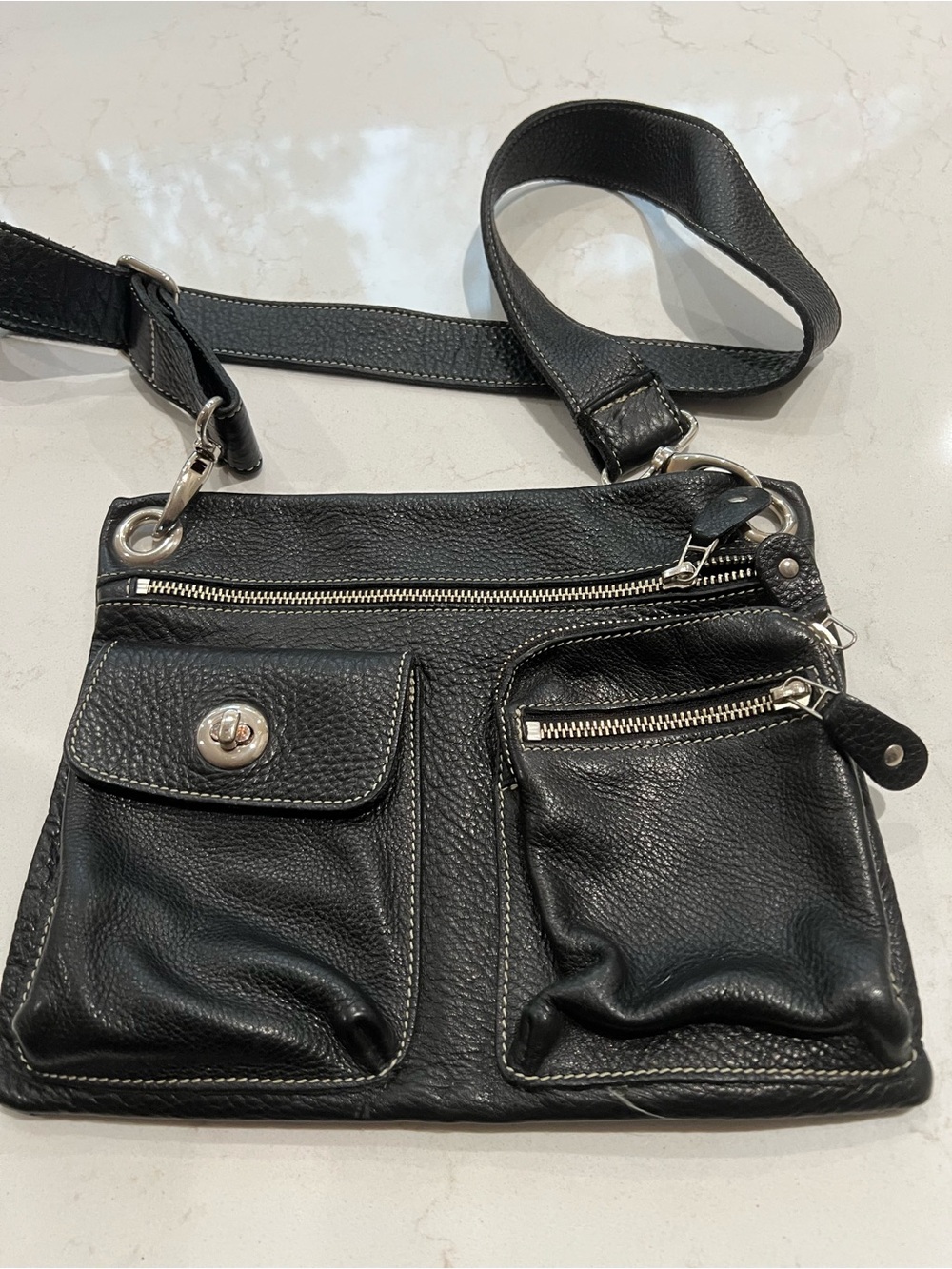 Roots Black Leather Crossbody with Dual Front Pockets
